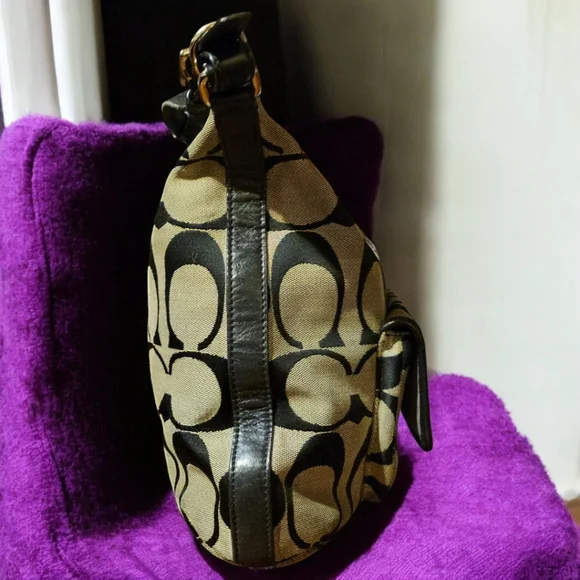 Vtg Coach Black Beige Jacquard Fabric Shoulder Bag Silver Hardwares - Picture 6 of 14